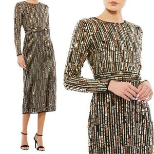 Mac Duggal Black and Gold Sequin Long Sleeve Dress NWT